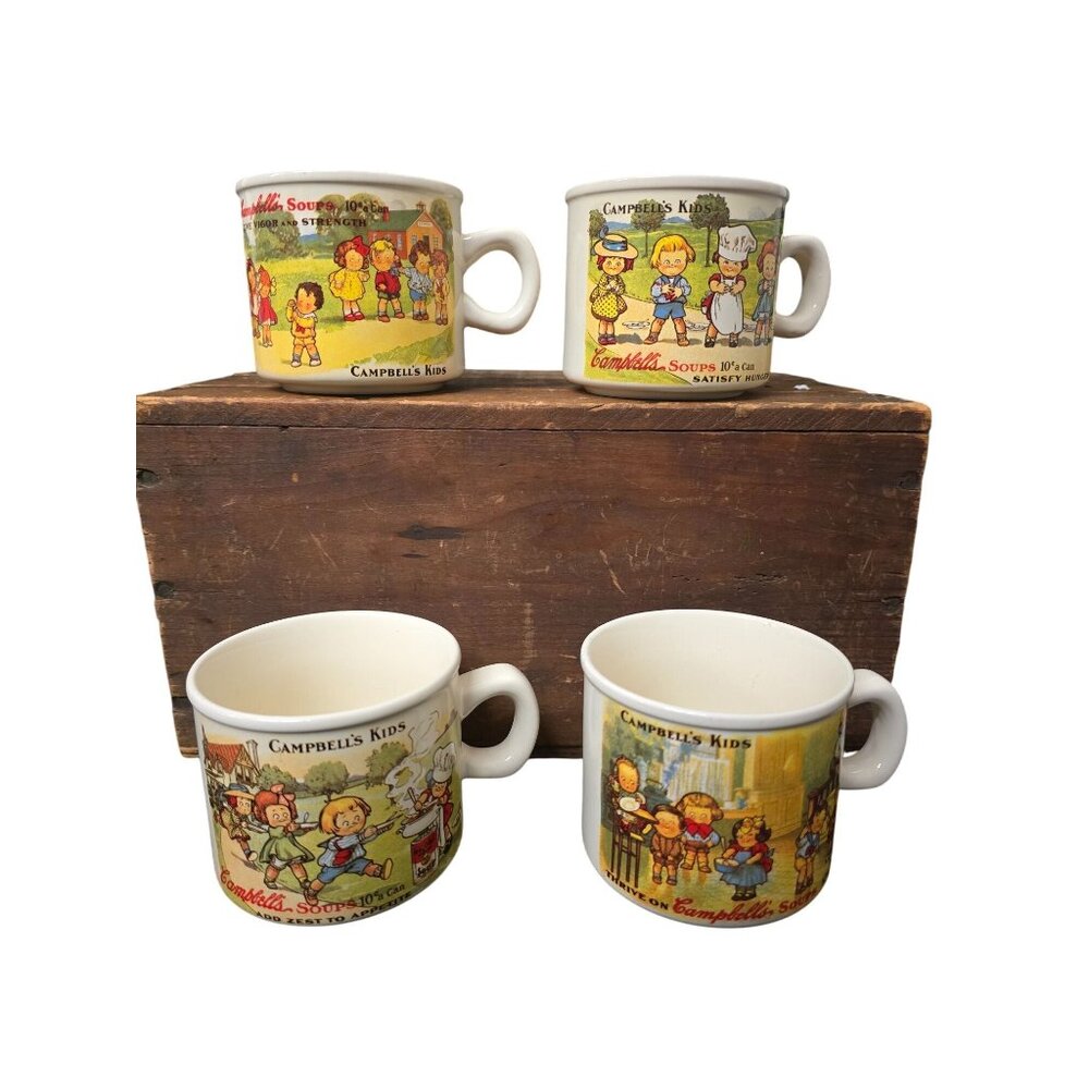 Set of 4 Mugs Cups Campbells Kids 1910 Souvenir Postcard Style Ceramic